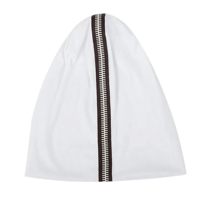 Stylish white beanie with black decorative zipper, made from soft cotton and polyester blend, unisex fit, SF1718, fashion accessory.